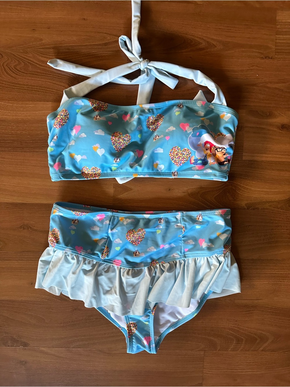 Light Blue Heart-Print Pixar Disney Up Two-Piece Bikini with Ruffle Skirt